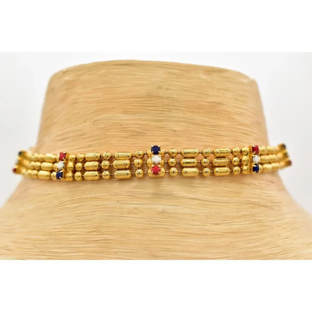 Vintage Choker Necklace Red White Blue Crystal Gold Tone USA Flag 1980s BinA17
